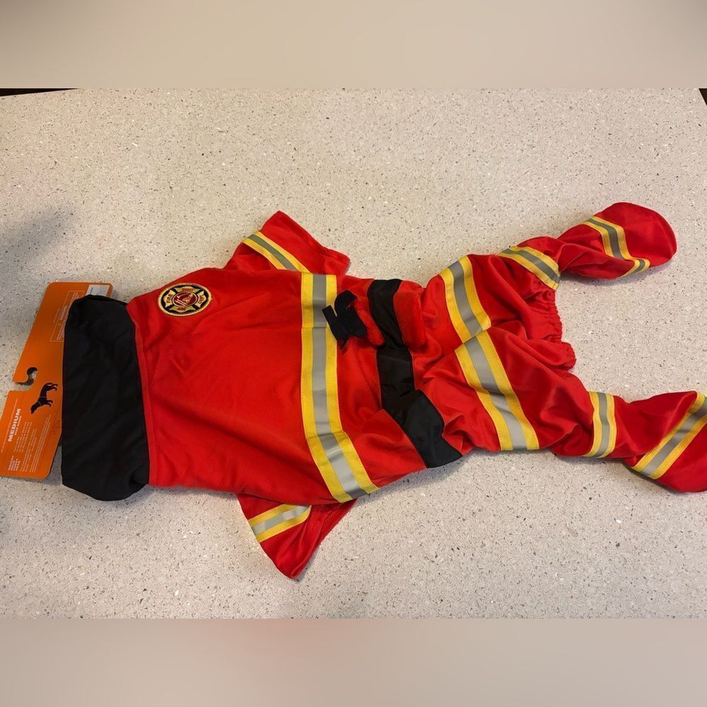 Red Firefighter Costume with Yellow Stripes for medium size dog